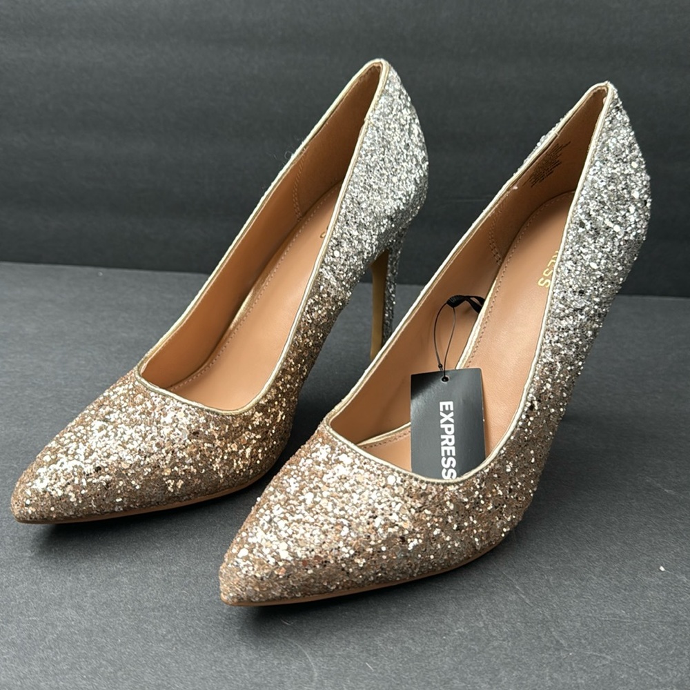 NWT- Sparkling Two-Tone Glitter Gold and Silver Express Pump Heel Size 7 - Picture 3 of 9
